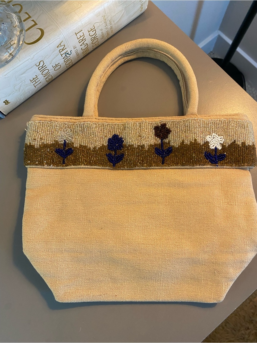 Beaded Floral Accent Beige Canvas Tote